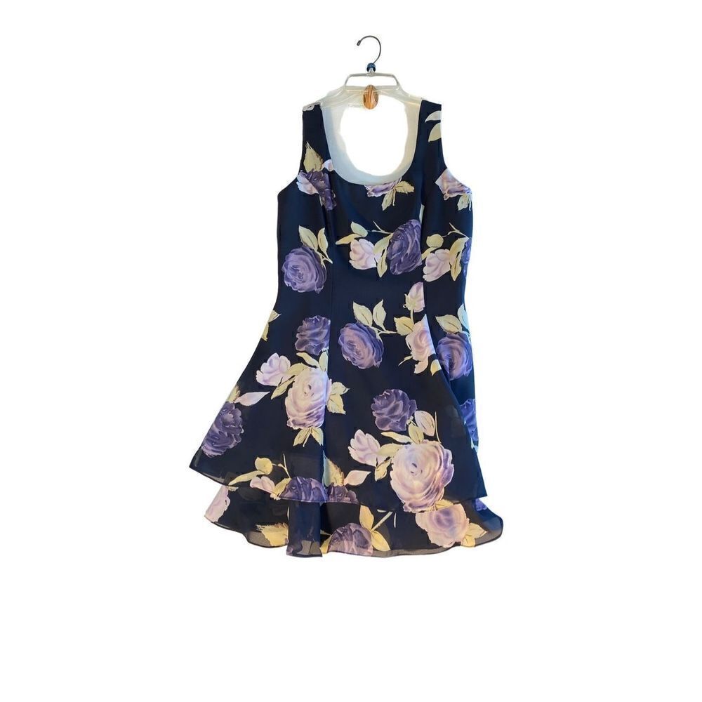 Vintage Hampton Nites petite, blue floral, tiered, dress, size 8